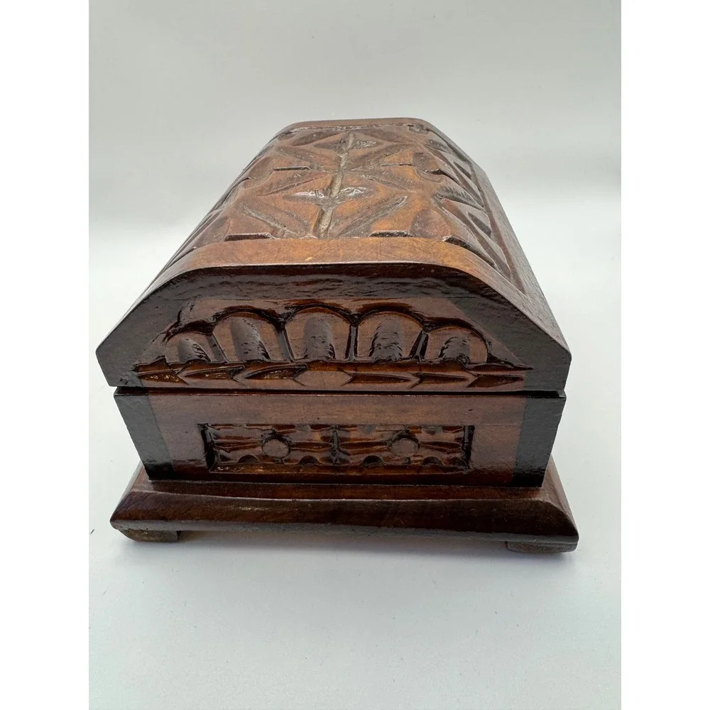 Hand Carved Wooden Jewelry Box Domed Lid Geometric Trinket Keepsake Chest Brown